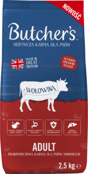 Niebiesko-czerwona karma dla psów Butcher's Wołowina Adult, 2.5kg, z sylwetką krowy, widok z przodu.