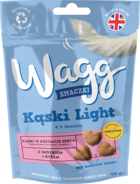 Niebieska torebka Wagg Kąski Light, przysmaki dla psa w kształcie serca z indykiem i ryżem, widok z przodu.