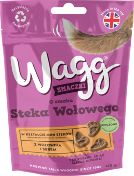 Fioletowa torebka smaczków Wagg dla psa o smaku steka wołowego, z mini stekami z wołowiny i sera.