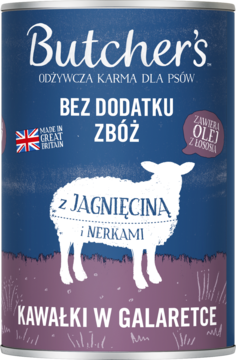 Puszka Butcher's bezzbożowej karmy dla psów, granatowa z owcą, z jagnięciną i nerkami w galaretce. Widok z przodu.