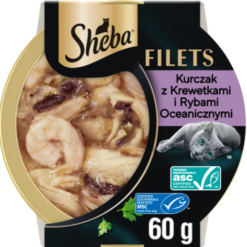 Sheba Filets karma dla kota Kurczak z Krewetkami i Rybami Oceanicznymi 60g, widok z góry na kawałki mięsa i krewetki w sosie.