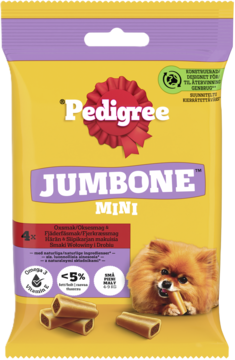 Opakowanie Pedigree Jumbone Mini, żółto-fioletowe, z psem i przysmakami dla małych ras, widok z przodu.