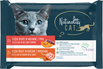 Naturality CAT karma dla kotów, pełnoporcjowe saszetki 4x85g, wołowina z dynią i kurczak z marchewką, widok przód.