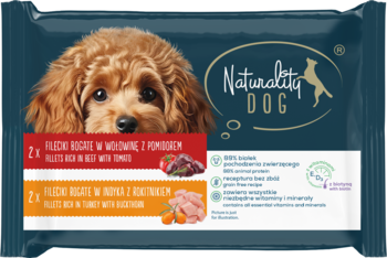 Naturality DOG karma dla dorosłych psów, saszetki mięso szarpane wołowina/pomidor, indyk/cukinia, z psem.