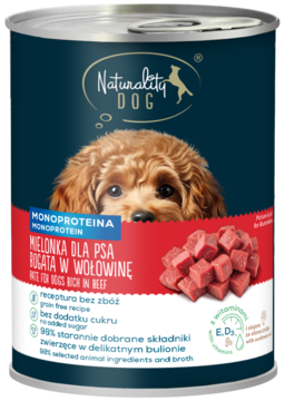Naturality DOG mielonka monoproteinowa wołowina 400g dla psa, puszka, widok z przodu. Obraz szczeniaka i kostek mięsa.