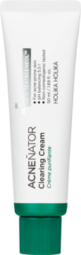 Holika Holika Acnenator Clearing Cream 50ml, biała tubka z zielonymi napisami i nakrętką, do cery trądzikowej.