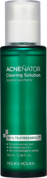 Holika Holika Acnenator Clearing Solution 100ml, zielona butelka z białym korkiem, 90% Tea Treeneol™, widok z przodu.