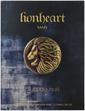 Front pudełka Armaf Club De Nuit Lionheart, męskiej wody perfumowanej, czarnego, z teksturą i złotym lwem.