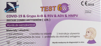 Fioletowe opakowanie testu 6w1 na COVID-19, grypę, RSV, ADV i HMPV. Test antygenowy do samokontroli.