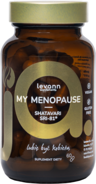 Suplement Levann My Menopause Shatavari SRI-81, brązowa butelka z kapsułkami i złotą etykietą, widok z przodu.