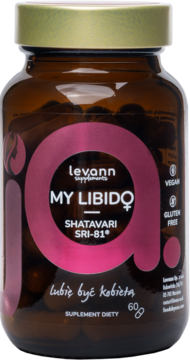 Levann MY LIBIDO Shatavari SRI-81 w brązowej butelce z różową etykietą, suplement diety, widok z przodu.