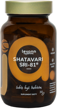 Brązowa butelka suplementu Levann Shatavari SRI-81®, złota zakrętka. Pomarańczowa etykieta z napisem, widok z przodu pod kątem.