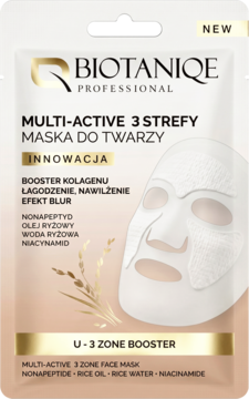 Biotaniqe Multi-Active 3 Strefy Maska do Twarzy z efektem BLUR, kolagenem i niacynamidem. Biało-złota saszetka.