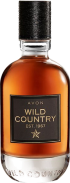Flakon męskiej wody toaletowej Avon Wild Country 75ml, brązowy płyn, czarna etykieta i teksturowana zakrętka, widok z przodu.