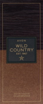 Avon Wild Country woda toaletowa męska w brązowym opakowaniu. Ciemna etykieta ze złotym napisem i gwiazdą.