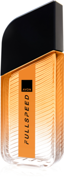 Woda toaletowa Avon Fullspeed, prostokątna butelka z pomarańczową cieczą, czarną nakrętką i etykietą "FULLSPEED".