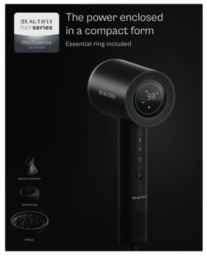 Czarna kompaktowa suszarka BEAUTIFLY MistEssence z cyfrowym wyświetlaczem, pierścieniem aromaterapii, akcesoriami.