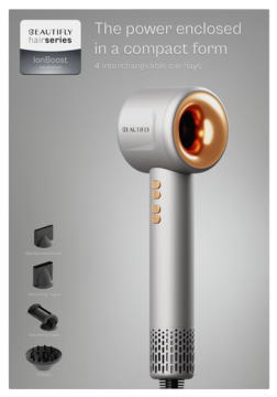 Suszarka BEAUTIFLY Ionboost z jonizacją, srebrno-miedziana, widok z przodu, z czterema końcówkami obok.