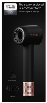 Kompaktowa suszarka Beautifly Hairseries, czarna z miedzianym wykończeniem, z dyfuzorem i koncentratorem.