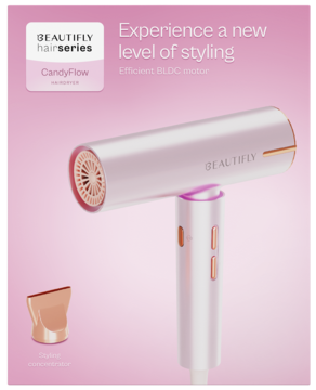 Nowoczesna, różowo-złota suszarka BEAUTIFLY CandyFlow z silnikiem BLDC, widok z przodu z koncentratorem.