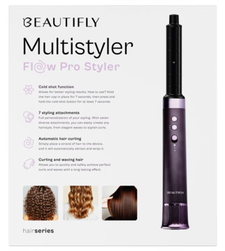 BEAUTIFLY Multistyler Flow Pro Styler, na ulotce promocyjnej z opisem funkcji i zdjęciami kręconych/prostych włosów.