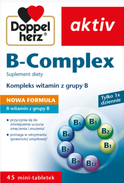 Biało-czerwone opakowanie Doppelherz B-Complex, z napisem „NOWA FORMUŁA”, grafiką witamin B i „45 mini-tabletek”.