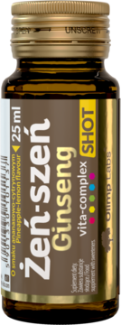 Olimp Labs Żeń-szeń Ginseng shot, ananasowo-cytrynowy, w brązowej butelce, widok z przodu.