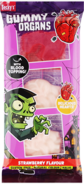 Opakowanie Becky's Gummy Organs, truskawkowych żelków w kształcie serc, z motywem zombie i napisem "Blood Topping", widok z przodu.