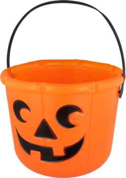 Pomarańczowe plastikowe wiaderko na Halloween z buźką jack-o'-lantern i czarnym uchwytem, widok z przodu.
