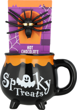 Halloweenowy zestaw: czarny kubek-kociołek "Spooky Treats" z duszkiem, w nim czekolada i pająk.