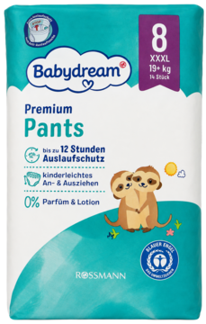 Turkusowe opakowanie pieluch Babydream Premium Pants rozmiar 8 XXXL (19+ kg) z dwoma leniwcami, na 12h ochrony.