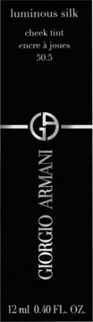 Pionowe opakowanie Giorgio Armani Luminous Silk Cheek Tint 50.5. Czarne tło, srebrne napisy i logo marki.