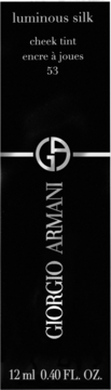 Przednia etykieta Giorgio Armani Luminous Silk Cheek Tint 53, czarna z srebrnym tekstem i logo, podana objętość 12 ml.
