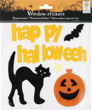Zestaw naklejek na okno Halloween z czarnym kotem, pomarańczową dynią, nietoperzem i żółtym napisem Happy Halloween.