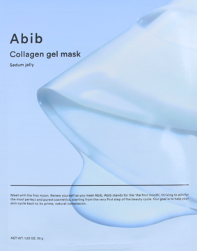 Abib Collagen gel mask Sedum jelly, niebieska grafika opakowania z widocznym żelem. Nawilżająca maska.