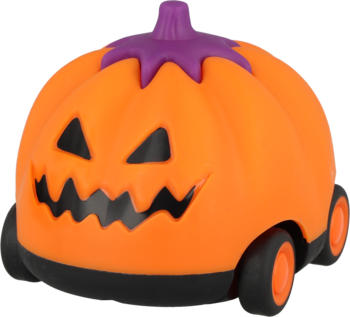 Pomarańczowa zabawka dynia Halloween na kółkach, z fioletową łodygą i uśmiechem jack-o'-lantern, widok 3/4.