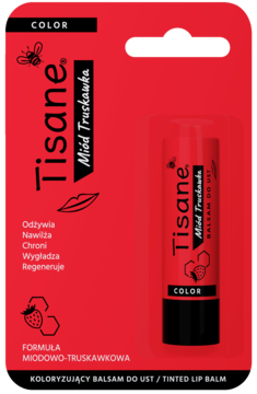 Czerwony balsam do ust Tisane Color Miód Truskawka w opakowaniu blistrowym, widoczny sztyft.