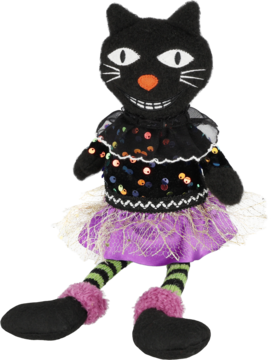 Czarny kot maskotka Halloween z dużymi oczami, pomarańczowym nosem, brokatowym topem i purpurową spódniczką. Widok z przodu.