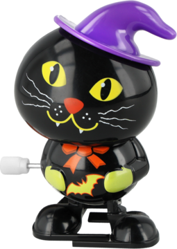 Halloweenowy nakręcany kotek-zabawka w fioletowym kapeluszu wiedźmy, z pomarańczową muchą i nietoperzem.