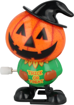 Halloweenowa nakręcana figurka dyni w czarnym kapeluszu i zielonej koszuli z napisem "TRICK OR TREAT", widok z przodu.