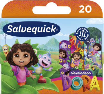 Salvequick Dora, plastry dziecięce wodoodporne. Opakowanie z postaciami Dora i Butka, cyfra 20, widok z przodu.