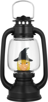 Czarna latarnia Halloween z figurką gniewnej czarownicy w kapeluszu w szklanej kopule, widok z przodu.