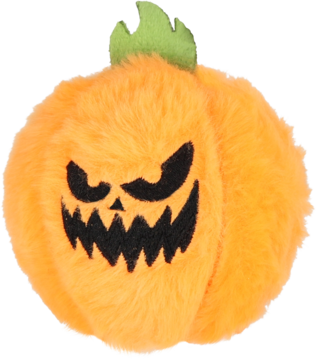 Puszysta, pomarańczowa pluszowa dynia Halloween z wyhaftowaną złowrogą twarzą, widok z przodu.