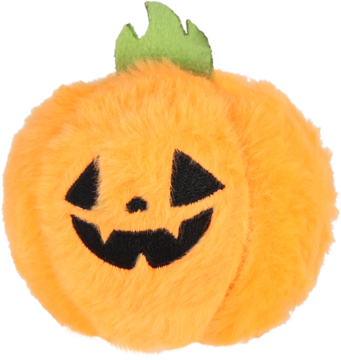 Pluszowa pomarańczowa dynia Halloween z czarnymi, trójkątnymi oczami i zębatym uśmiechem, widok z przodu.