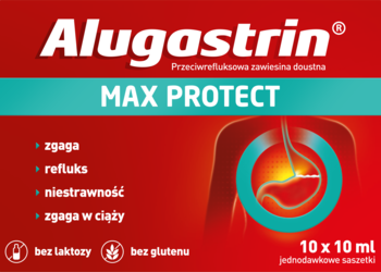 Czerwone opakowanie Alugastrin Max Protect 10x10ml na zgagę, refluks, niestrawność. Bez laktozy i glutenu.