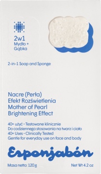 Esponjabon 2w1 mydło-gąbka Mother of Pearl, rozświetlające, białe pudełko z grafiką gąbki, widok z przodu.