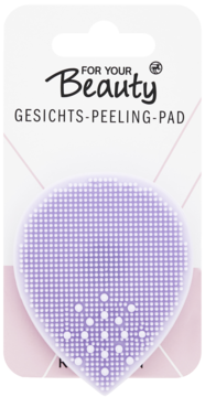 Liliowy, silikonowy pad peelingujący For Your Beauty z wypustkami, w kształcie serca, w białym opakowaniu.