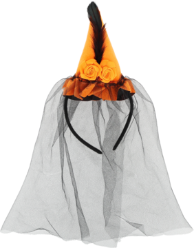 Halloweenowa opaska: spiczasty, pomarańczowy kapelusz wiedźmy z szarym welonem i dwoma różami, na czarnym tle.
