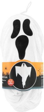 Biała dekoracja Halloween duch "Scream" o wymiarach 91x38 cm, z pętlą do zawieszenia, na czarnym tle.