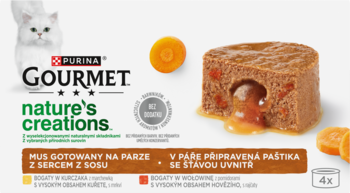 Gourmet Nature's Creations, mus dla kota gotowany na parze z sosem w sercu, białe opakowanie, widok z przodu.